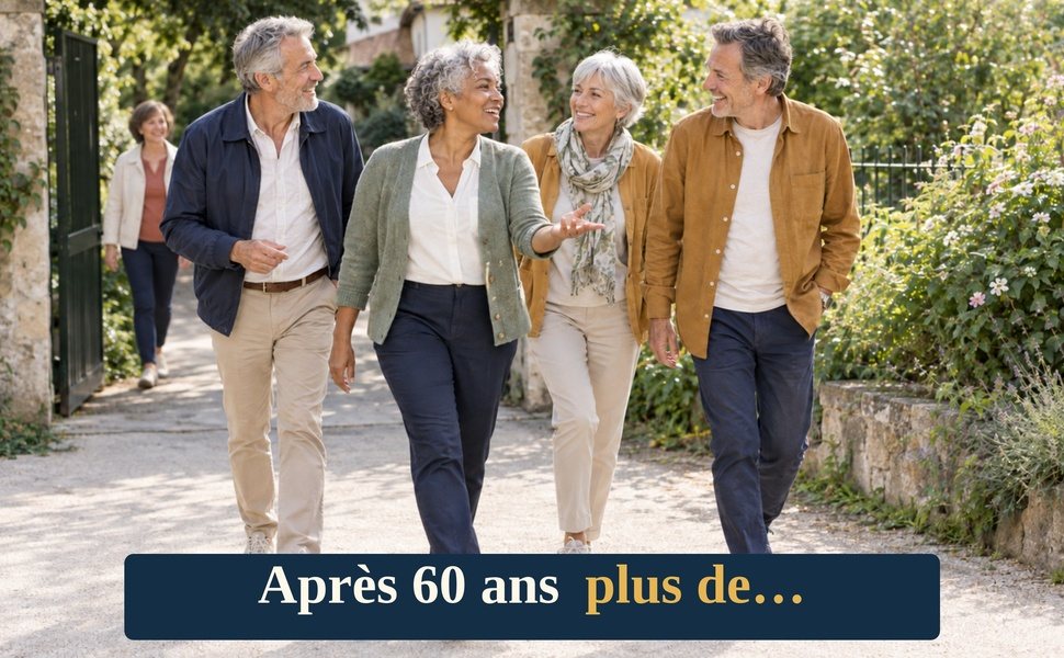 Quatre amis de plus de soixante ans marchant dans un jardin