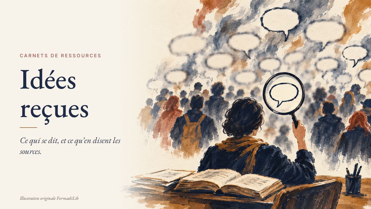 Idées reçues : illustration originale FormadiLib, une lectrice examine à la loupe une bulle de paroles parmi la foule