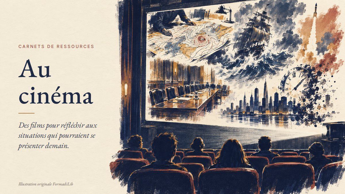 Au cinéma : illustration originale FormadiLib, une salle de cinéma et un écran où se mêlent plusieurs scènes de films