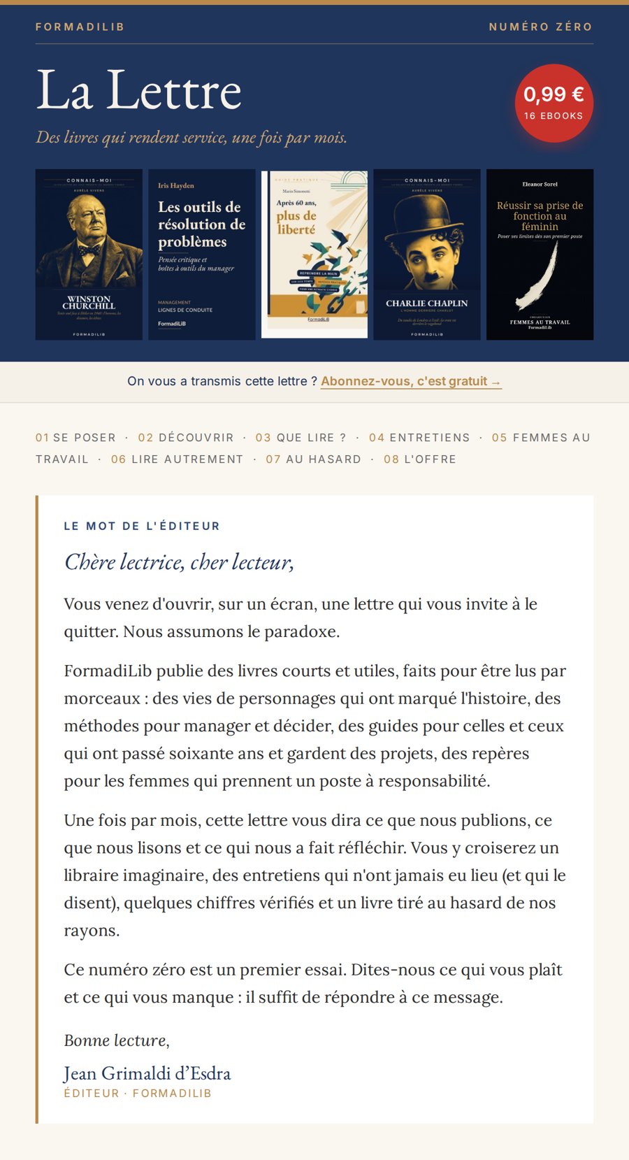 Début du numéro zéro de La Lettre FormadiLib : en-tête, sommaire et mot de l'éditeur